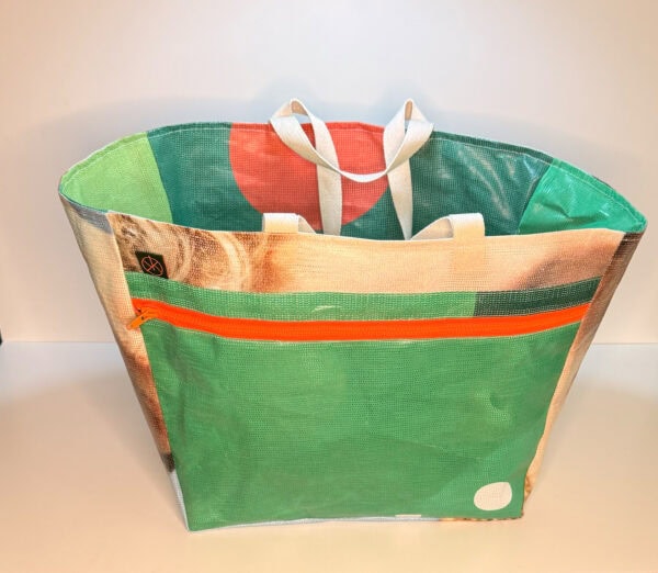 Markttasche 2.0 – Grün, Brauntöne, Hellblau – Reißverschluss Neonorange