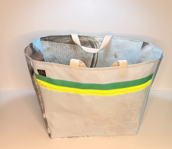 Markttasche 2.0 – Brauntöne, Hellblau – Reißverschluss Neongelb