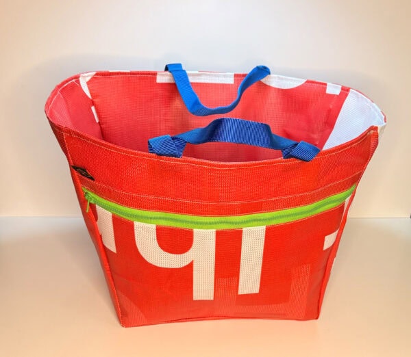 Markttasche 2.0 – Rot, Weiß – Reißverschluss Neongelb