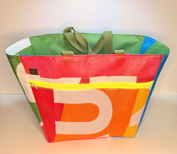 Markttasche 2.0 – Grün, Rot, Orange, Lila, Blau – Reißverschluss Neongelb